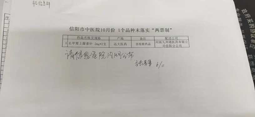 信陽市中醫院10月份1個品種未落實“兩票制”