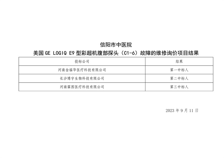 信陽市中醫院美國 GE LOGIQ E9型彩超機腹部探頭（C1-6）故障的維修詢價項目結果